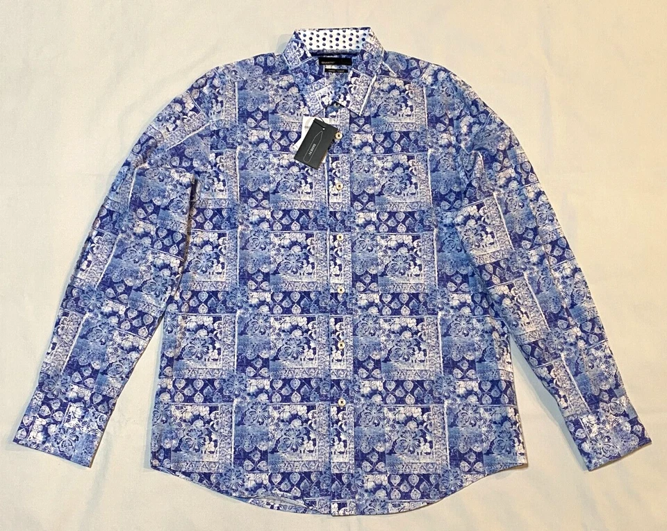 -QUIETI Men's Flip Cuff Floral Casual Shirt Navy blue / pink -XL-