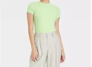 Women's Slim Fit Short Sleeve Ribbed T-Shirt - A New Day Lime S - Picture 1 of 4