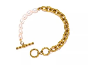 Beaded Natural White Pearls 18k Gold Plated Link Chain Charm Bracelet for Women - Picture 1 of 16