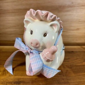 Vtg Mud Pie Rainy Bonnet & Baby Bottle Ribbon Ceramic Piggy Bank Kitschy 2001 - Picture 1 of 7