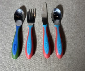 4 Gerber Easy Grip Red Blue Green 5" Baby Toddler Fork Spoon Knife Flatware - Picture 1 of 8