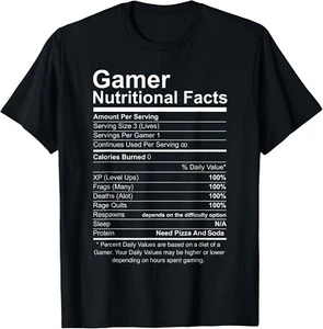 Gamer Nutritional Facts Cool Gamer Video Game Funny T-Shirt - Picture 1 of 3