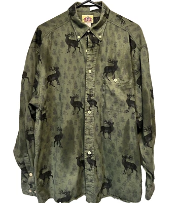 Camisa M Western Vintage BARN FLY Para Hombre Verde Estampado Completo Ciervos Caza Hecha en EE. UU. Foto 1 de 4