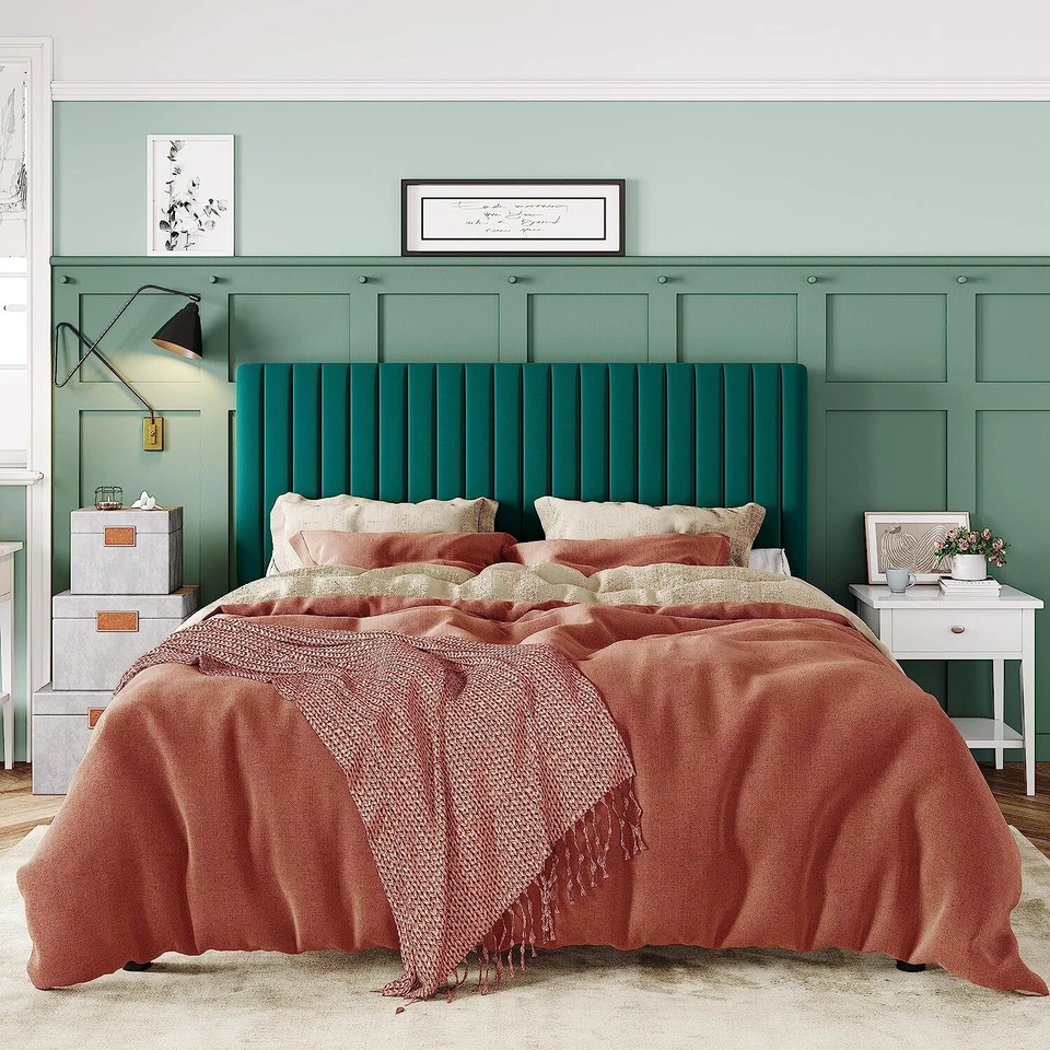 Marco de cama Sifurni, cama de plataforma tapizada de terciopelo y cabecero ajustable, verde azulado Foto 1 de 1