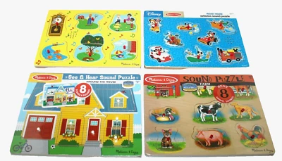 4 rompecabezas de sonido de madera Melissa & Doug clavija granja rima infantil Mickey Around House Foto 1 de 4
