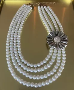 Set Deco Pearl Necklace Faux Graduated Strands With Huge Art Deco Brooch 1 LOOSE - Picture 1 of 13