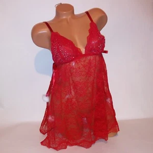 Victoria Secret Lencería Babydoll XL Rojo Blanco Pompones Encaje Estrás Bling - Imagen 1 de 10