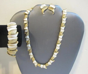 Vintage Puccini Demi-Parure Halskette Armband & Clip Ohrringe goldfarben & weiß - Bild 1 von 12