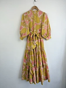 Boden Dress Size UK 6 P Maxi Yellow Pink Tiered Pineapple Balloon Puff Belted - Picture 1 of 9