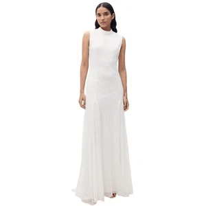 MANGO MNG Lace Godet Dress Sleeveless High Neck Stretch Knit Gown White EUC 4 - Picture 1 of 6