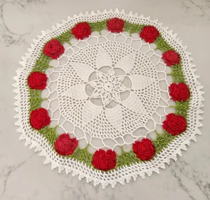Vintage Crocheted Roses Doily 17”Round - Picture 1 of 7