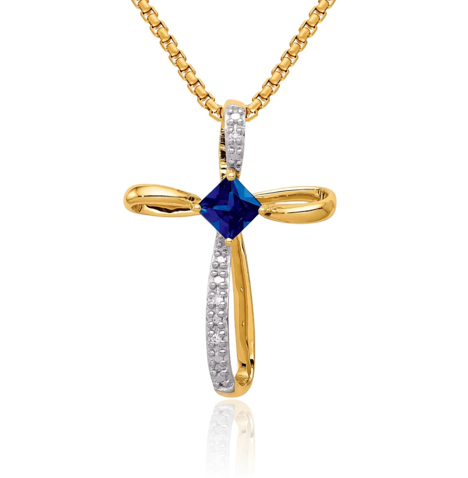14K Solid Yellow Gold Lab Blue Sapphire Diamond Cross Slide Necklace - Image 1 of 1