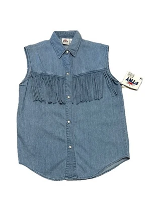 Camisa Vintage Western Cowgirl Denim Franja Rodeio EUA Nova Com Etiqueta Tamanho 14 Botões Pérola - Imagem 1 de 4