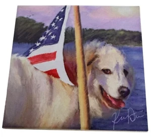 Karen Derrico Große Pyrenäen Keramikfliese Wandbild Tier Hund Patriotisch Amerika - Bild 1 von 9