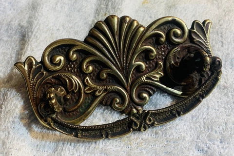 c.1860 3” Centers  Ornate Victorian French Antique Hardware Drawer Pull Brass Cover