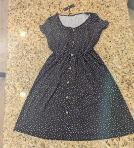 V Neck Button Down Skater Dress with Pockets Short Sleeve Black pocka dots XL - Picture 1 of 10