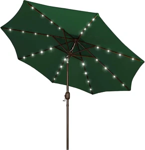 9 Ft Solar Umbrella, 32 LED Lighted Patio Umbrella (Dark Green) - Picture 1 of 11