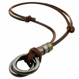 Alloy Double Ring Cord Leather Pendant Necklace Adjustable - Picture 1 of 5