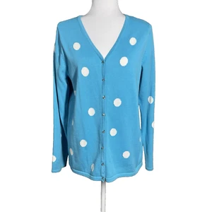 Quacker Factory S Turquoise Polka Dots Cotton Cardigan Sweater Bling Buttons - Picture 1 of 11