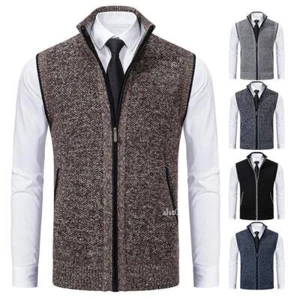 Men's Stand Collar Knitted Sweater Vest Full Zip Casual Cardigan Slim Fit Formal - Picture 1 of 30