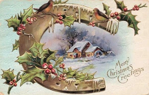 Horseshoe & Holly Merry Christmas Greetings Vintage PC Posted Charleston IL 1911 - Picture 1 of 2