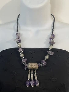 Amethyst Black See Beads Silvertone Pendant Necklace India - Picture 1 of 12