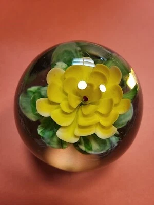 vintage murano glass hand blown paperweights Yellow Floral 3.5 X 3.5  - Image 1 of 4