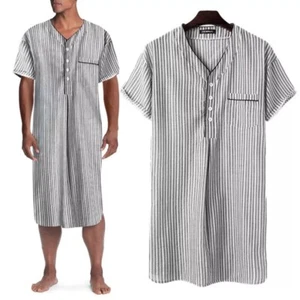 Mens Short Sleeve Striped Pajamas Kaftan Dress Nightwear Nightshirt Sleepwear US - Picture 1 of 10