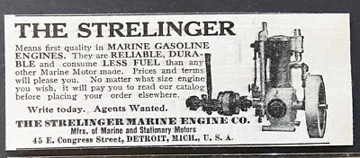 STRELINGER Machine Engine Co. Antiguo motor de barco de gasolina marino de colección 1910 anuncio impreso Foto 1 de 2