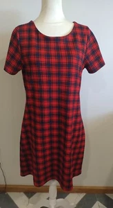 Short sleeve Red & blue check plaid work office dress L - Picture 1 of 1