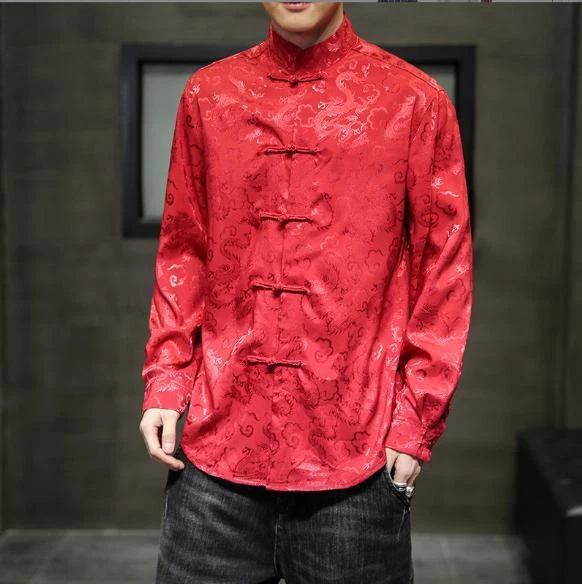 Chinese Style Mens Retro Stand Collar Shirt Plus-size Jacquard Tang Tops 2025 - Image 1 of 4