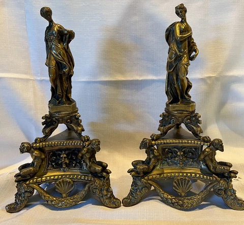 Antique Set Of Bronze Fireplace Andirons Statues, 12" Tall, Absolutely Beautiful Cover