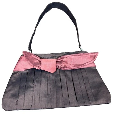 CLAIRE V Silk Wristlet Brown Shimmer with Pink Bow Small Handbag NWOT - Image 1 of 4