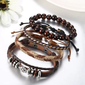 4pcs Men Women's Multi-layer Wooden Beaded Bracelet Leather Braided Cross Bangle - Picture 1 of 6