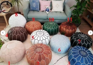 Moroccan POUF White Stitching Leather Pouf Ottoman Pouf Morrocan Leather Pouf - Picture 1 of 6