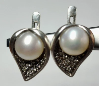 eanings silver 925, cultured pearl 8 mm, cubic zirconium scattering - Image 1 of 4