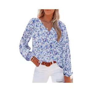 Blusa donna casual boho blu stampa floreale scollo V manica lunga ampia taglia M - Foto 1 di 5