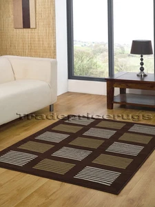 SMALL - EXTRA LARGE DARK BROWN BEIGE CREAM BLOCKS GRID NON-SHED MODERN RUG MATS - Picture 1 of 1