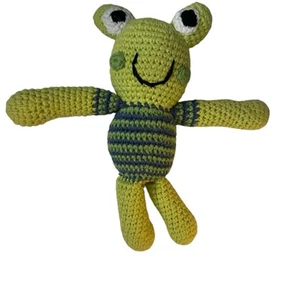Kiesel Frosch Rassel Handarbeit Strick Spielzeug Plüsch Baby Geschenk bunt grün - Bild 1 von 4