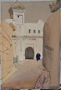 Original Aquarell auf Papier Gemälde Straßenverbündeter Szene Fès Marokko signiert - Bild 1 von 5