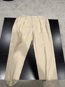Polo Ralph Lauren Pants Mens 38X30 Beige 100% Linen Pleated Cuffed Vintage - Picture 1 of 9