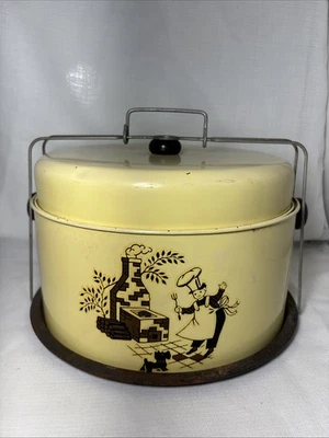 Portador de pastel y pastel de hojalata amarillo vintage diseño de chef y perro - soporte de metal de 12" Foto 1 de 4