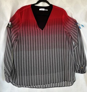Calvin Klein edel transparent und gefüttert V-Ausschnitt Langarm rot schwarz weiß Large - Bild 1 von 11
