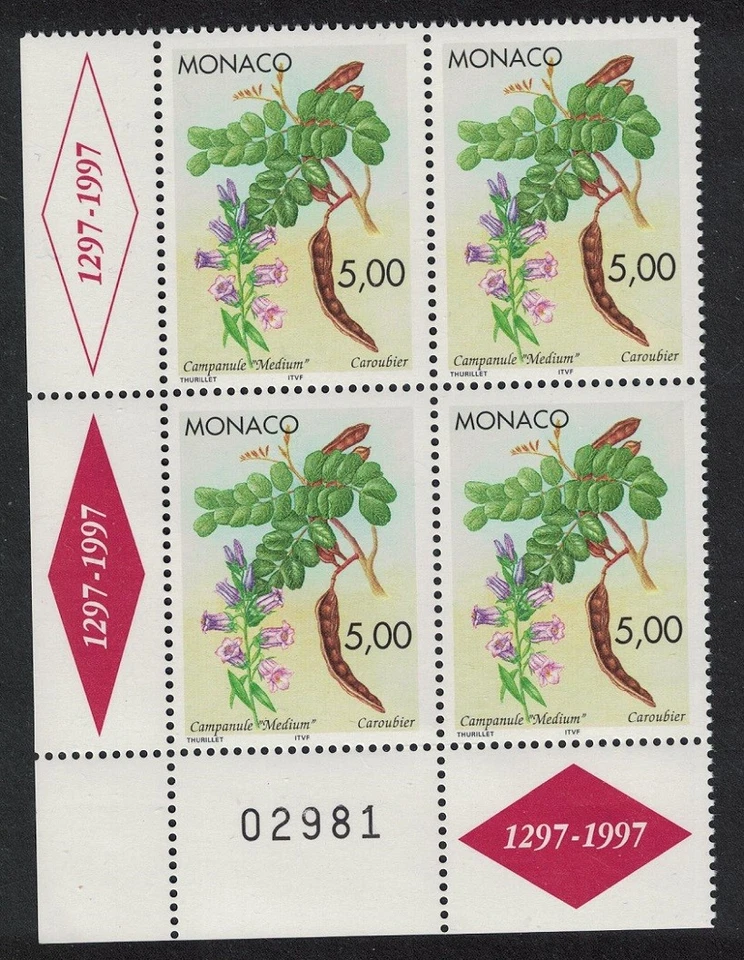 Giant Bellflower and Carob Pods Corner Block of 4 Number Monaco 1996 MNH - image 1 of 1