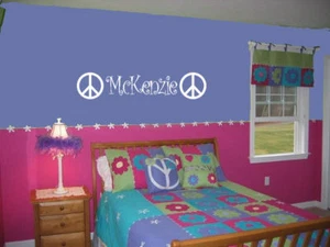 GIRLS NAME & PEACE SIGN DECAL WALL VINYL DECOR STICKER - Picture 1 of 2