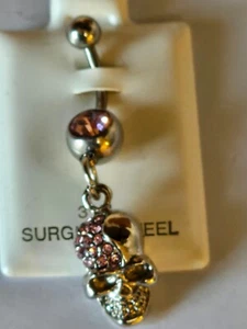 SKULL PINK Double Gem 316L Surgical Steel Navel Belly Ring Piercing BRAND NEW - Picture 1 of 3