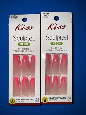Kiss Sculpted Neon Pink Extra Long Length Glue-On Nails NEW (Lot Of Two!) - Image 1 of 2