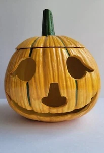 Vintage Halloween Ceramic Pumpkin JackOLantern Handpainted Hobby Grandma 71 Flaw - Picture 1 of 24