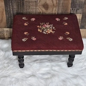 Antique Vintage Handmade Needlepoint Wood Foot Stool Footrest Floral Burgandy  - Picture 1 of 9