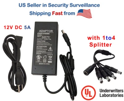 CCTV Security Camera 12V DC  5A  Amper Power Supply Adapter and 1 to 4 Splitter - Image 1 of 4